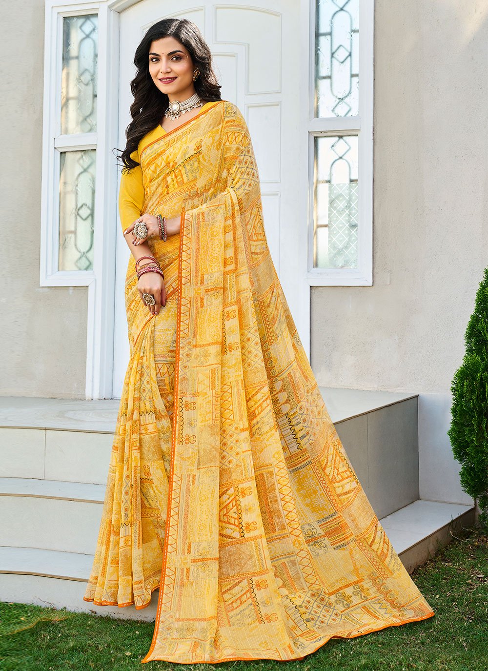 Designer Trendy Saree Georgette Yellow Fancy Work Saree