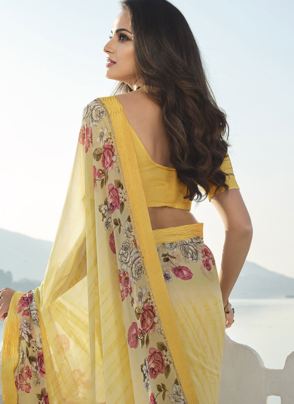 Trendy Saree Georgette Yellow Print Saree