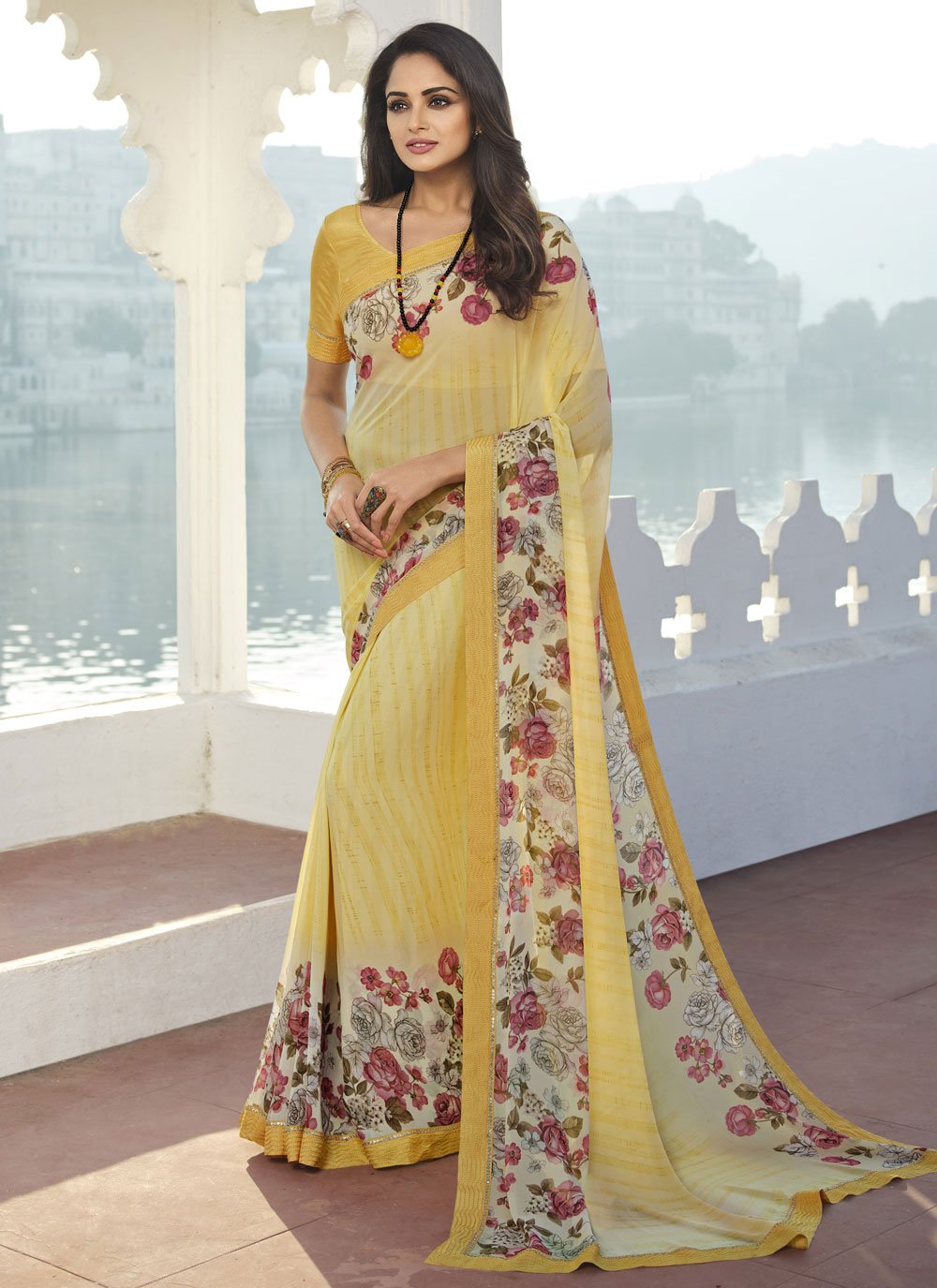 Trendy Saree Georgette Yellow Print Saree