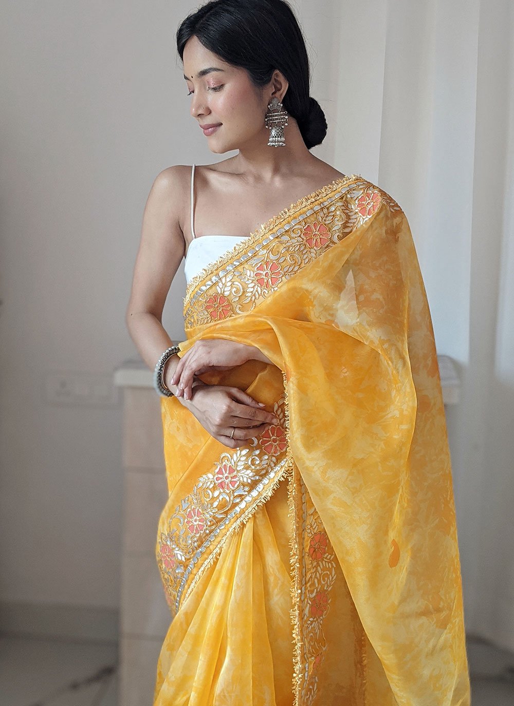 Classic Organza Yellow Digital Print Saree