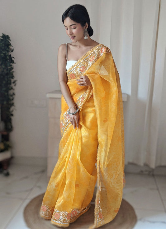 Classic Organza Yellow Digital Print Saree