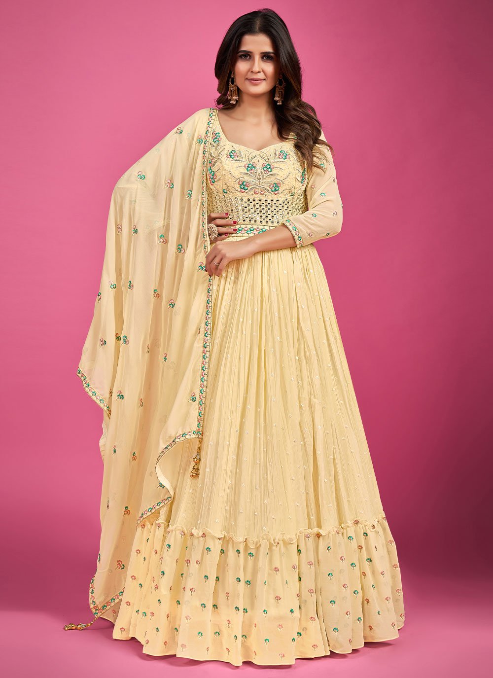 Gown Pure Georgette Yellow Mirror Gown