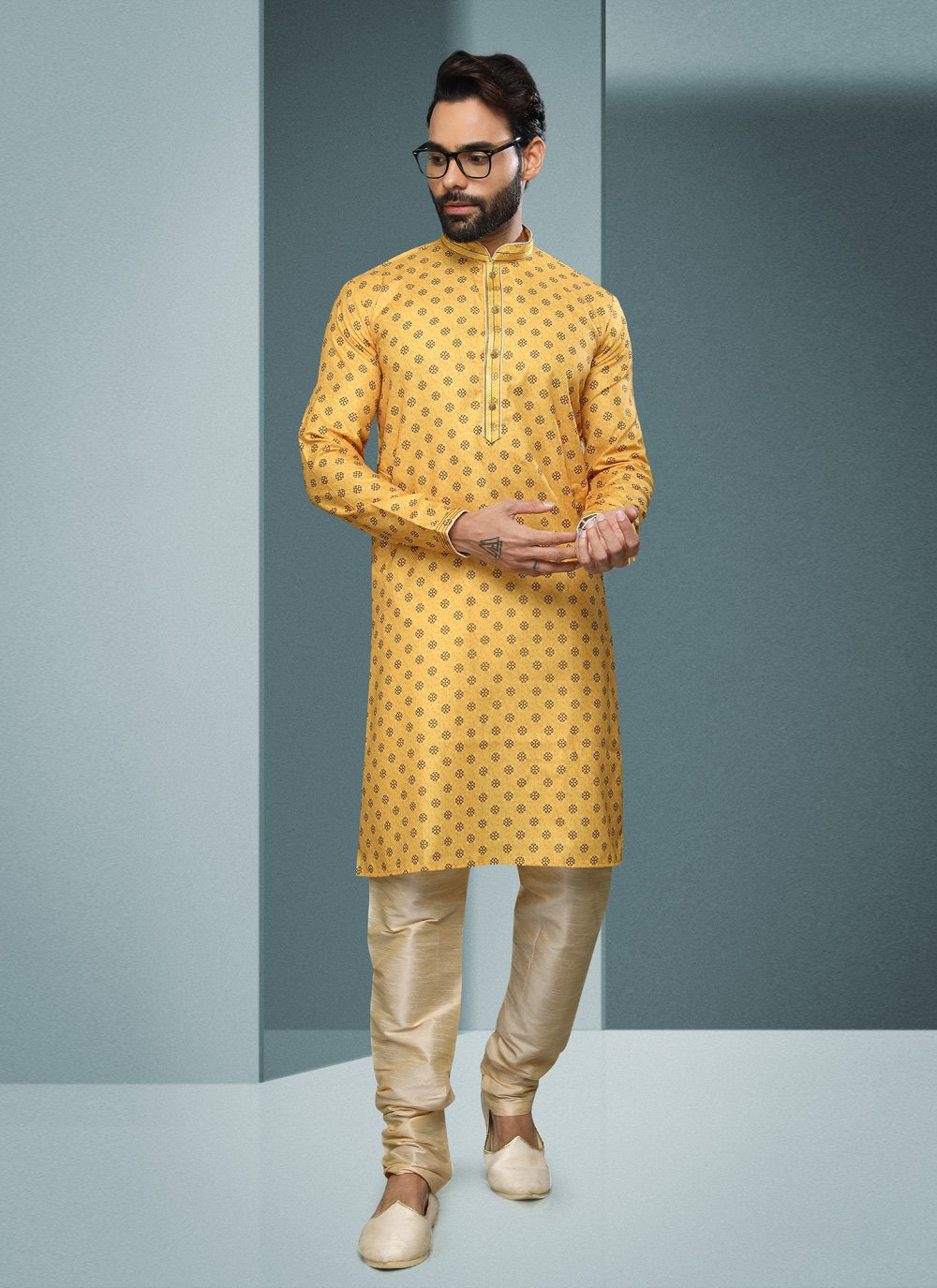 Kurta Pyjama Handloom Cotton Yellow Digital Print Mens