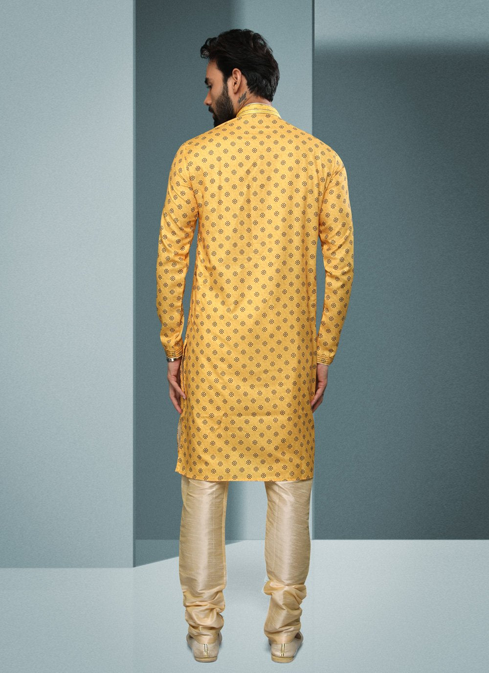 Kurta Pyjama Handloom Cotton Yellow Digital Print Mens