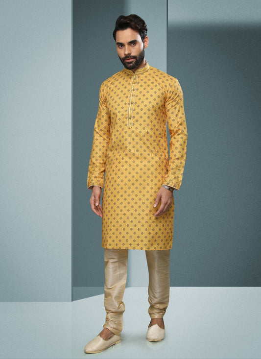 Kurta Pyjama Handloom Cotton Yellow Digital Print Mens