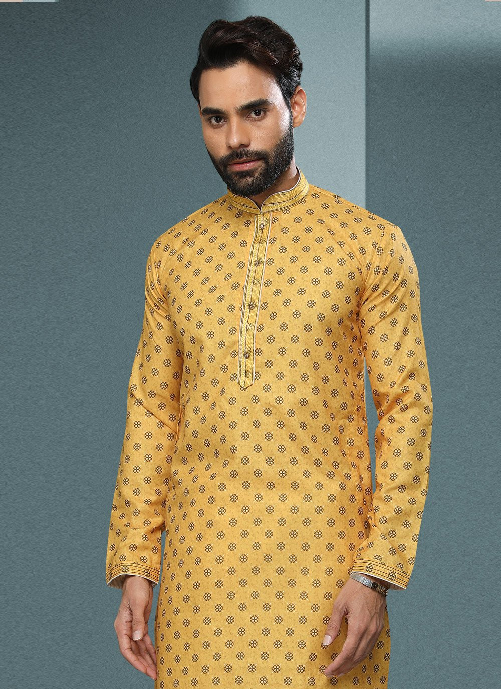 Kurta Pyjama Handloom Cotton Yellow Digital Print Mens