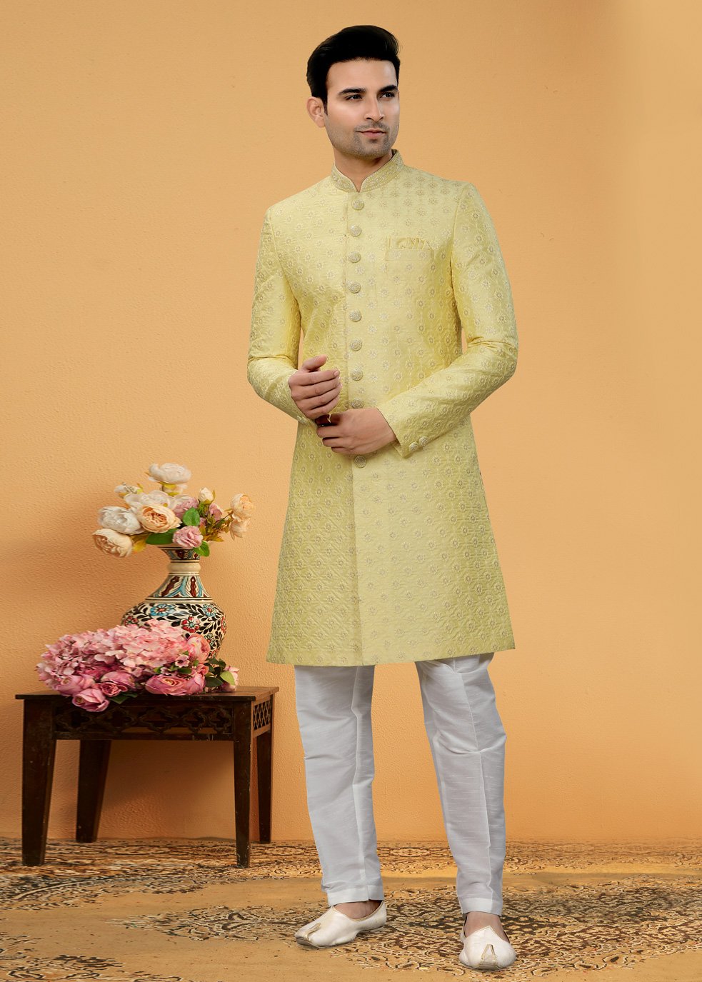 Indo Western Sherwani Fancy Fabric Yellow Hand Work Mens