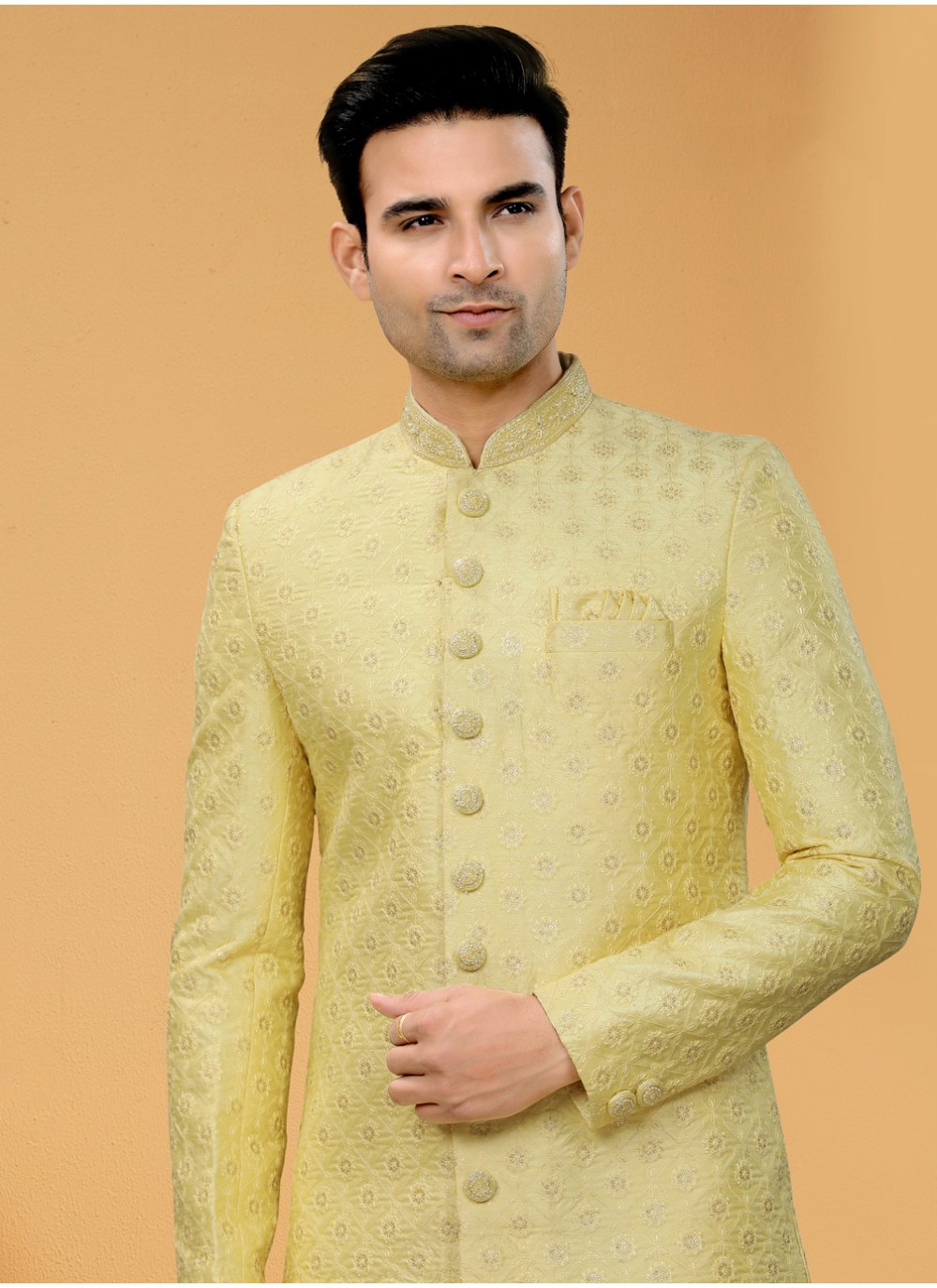 Indo Western Sherwani Fancy Fabric Yellow Hand Work Mens