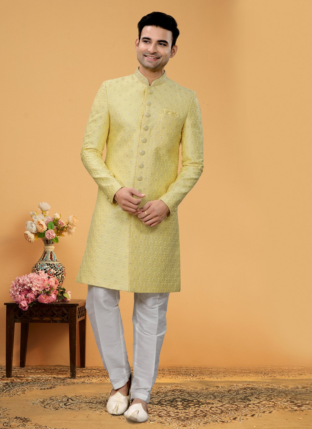 Indo Western Sherwani Fancy Fabric Yellow Hand Work Mens