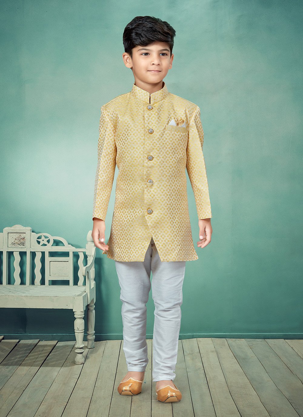 Indo Western Banarasi Jacquard Yellow Buttons Kids