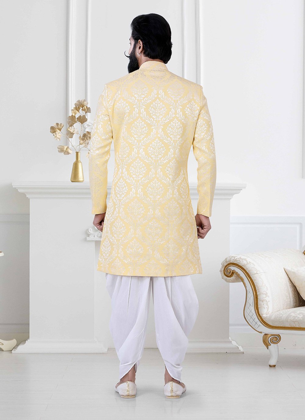 Indo Western Jacquard Yellow Woven Mens