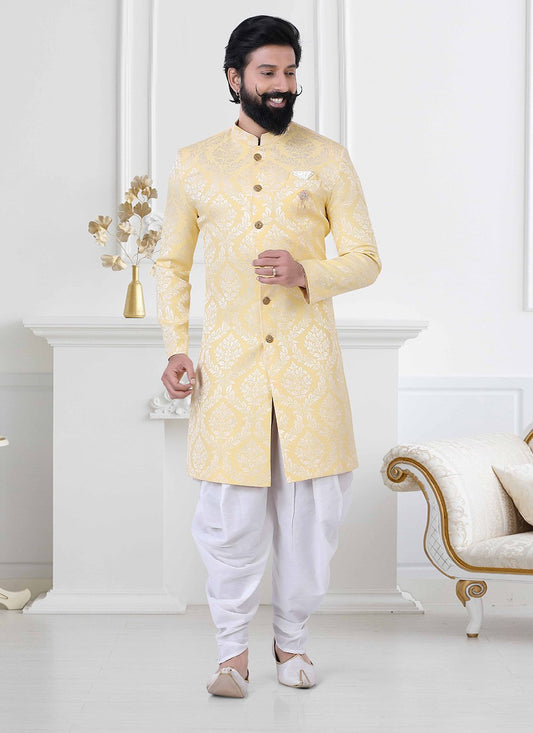 Indo Western Jacquard Yellow Woven Mens