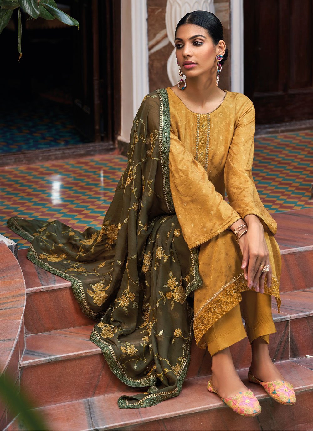 Pakistani Salwar Suit Jacquard Yellow Embroidered Salwar Kameez