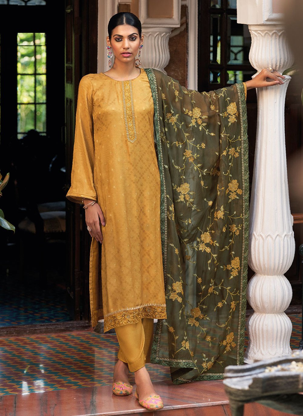 Pakistani Salwar Suit Jacquard Yellow Embroidered Salwar Kameez