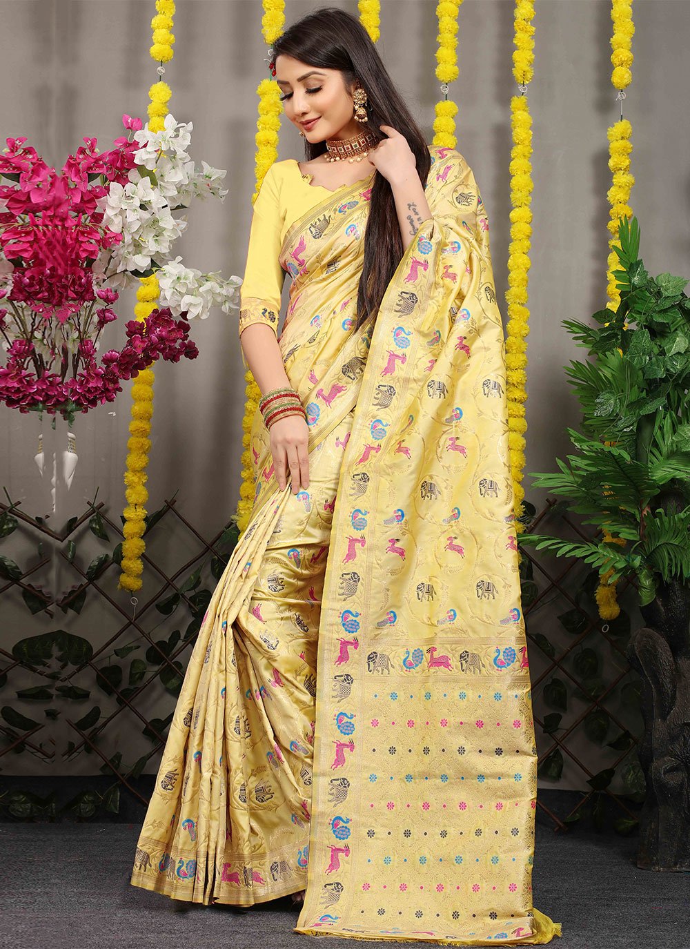 Contemporary Banarasi Silk Yellow Jacquard Work Saree