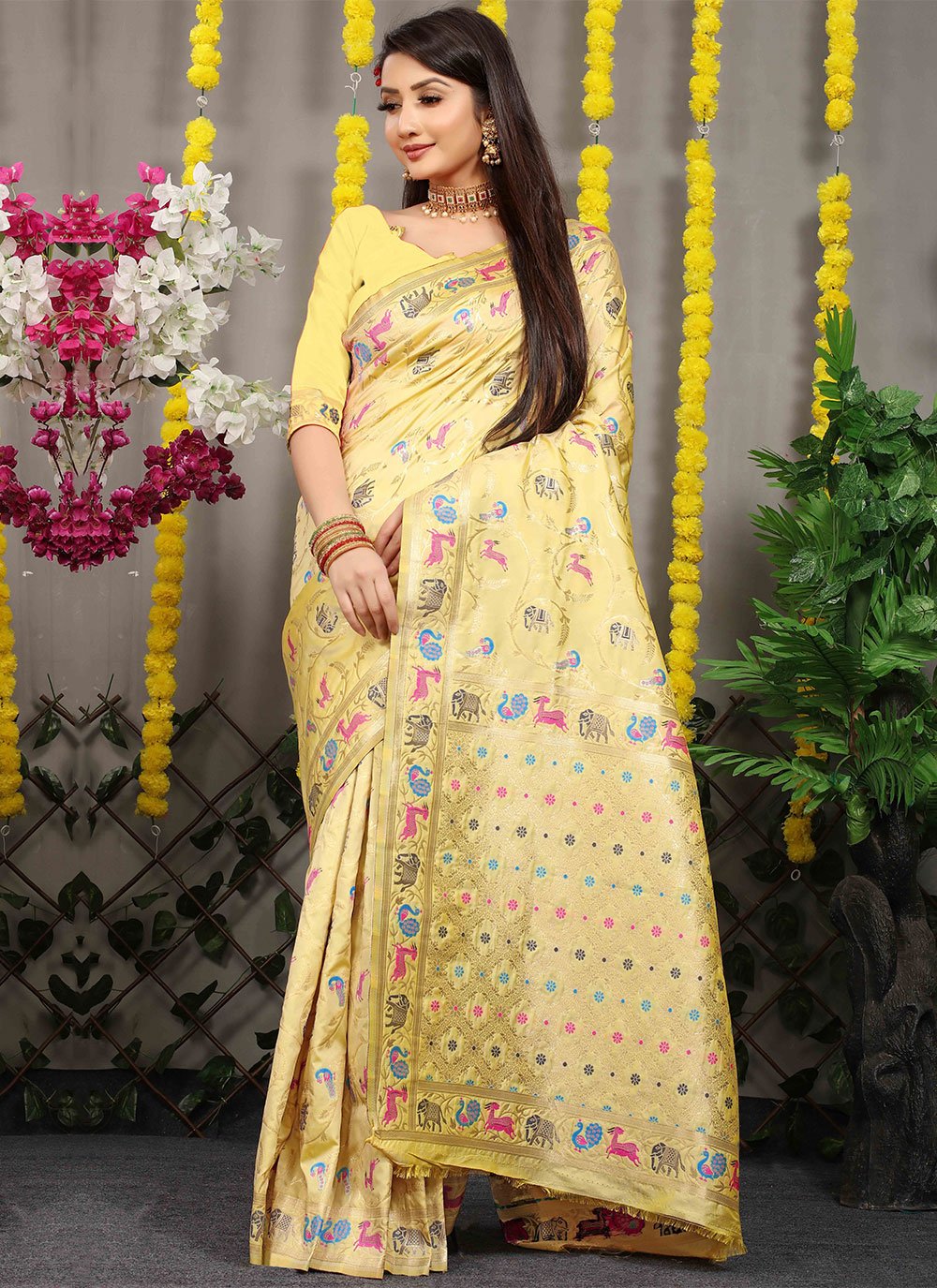 Contemporary Banarasi Silk Yellow Jacquard Work Saree