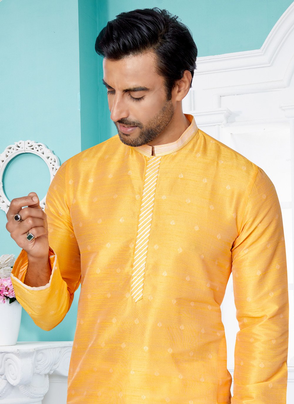 Kurta Pyjama Banarasi Silk Jacquard Yellow Jacquard Work Mens