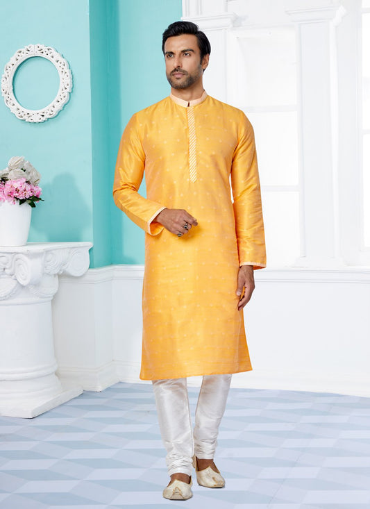 Kurta Pyjama Banarasi Silk Jacquard Yellow Jacquard Work Mens