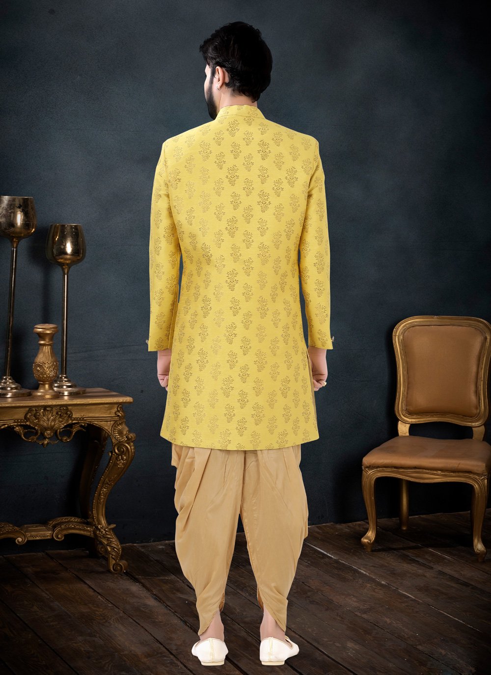 Indo Western Sherwani Jacquard Yellow Jacquard Work Mens