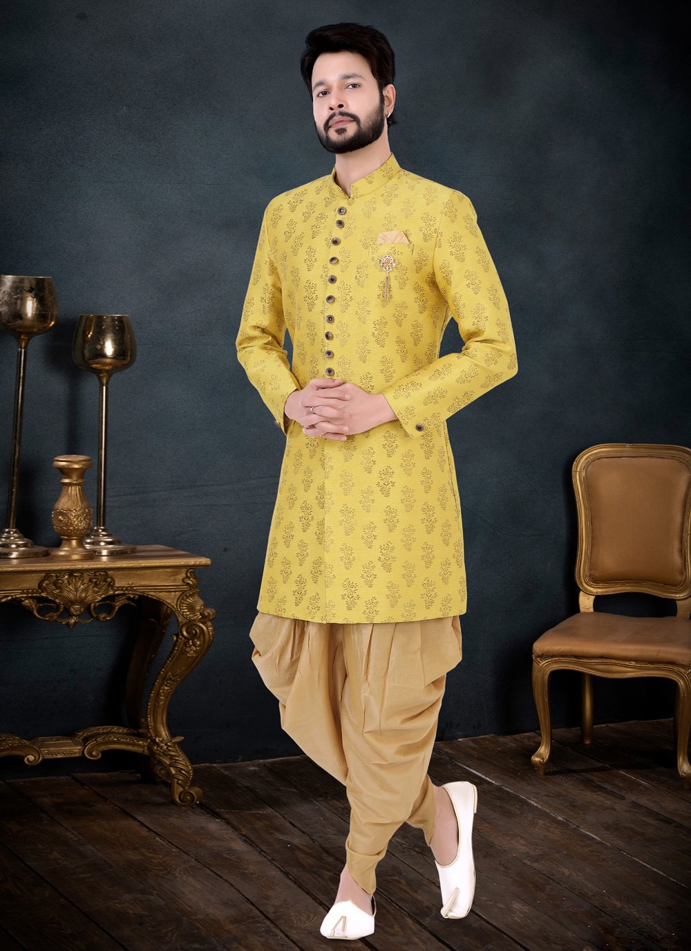 Indo Western Sherwani Jacquard Yellow Jacquard Work Mens