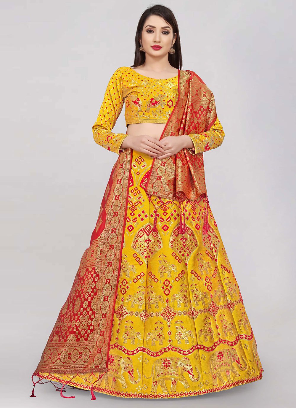 Lehenga Choli Banarasi Jacquard Silk Yellow Jacquard Work Lehenga Choli