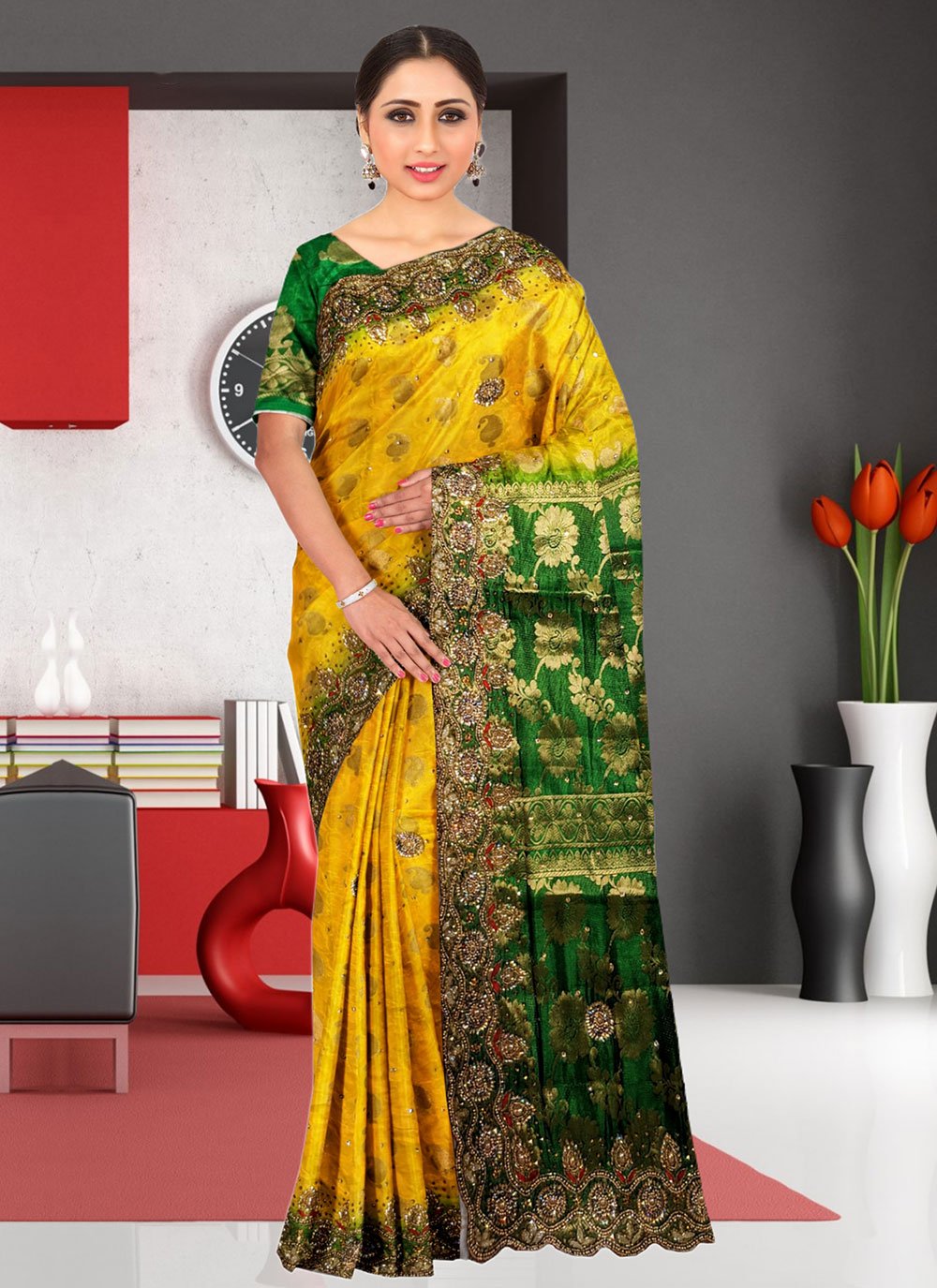 Classic Kanjivaram Silk Yellow Hand Work Saree