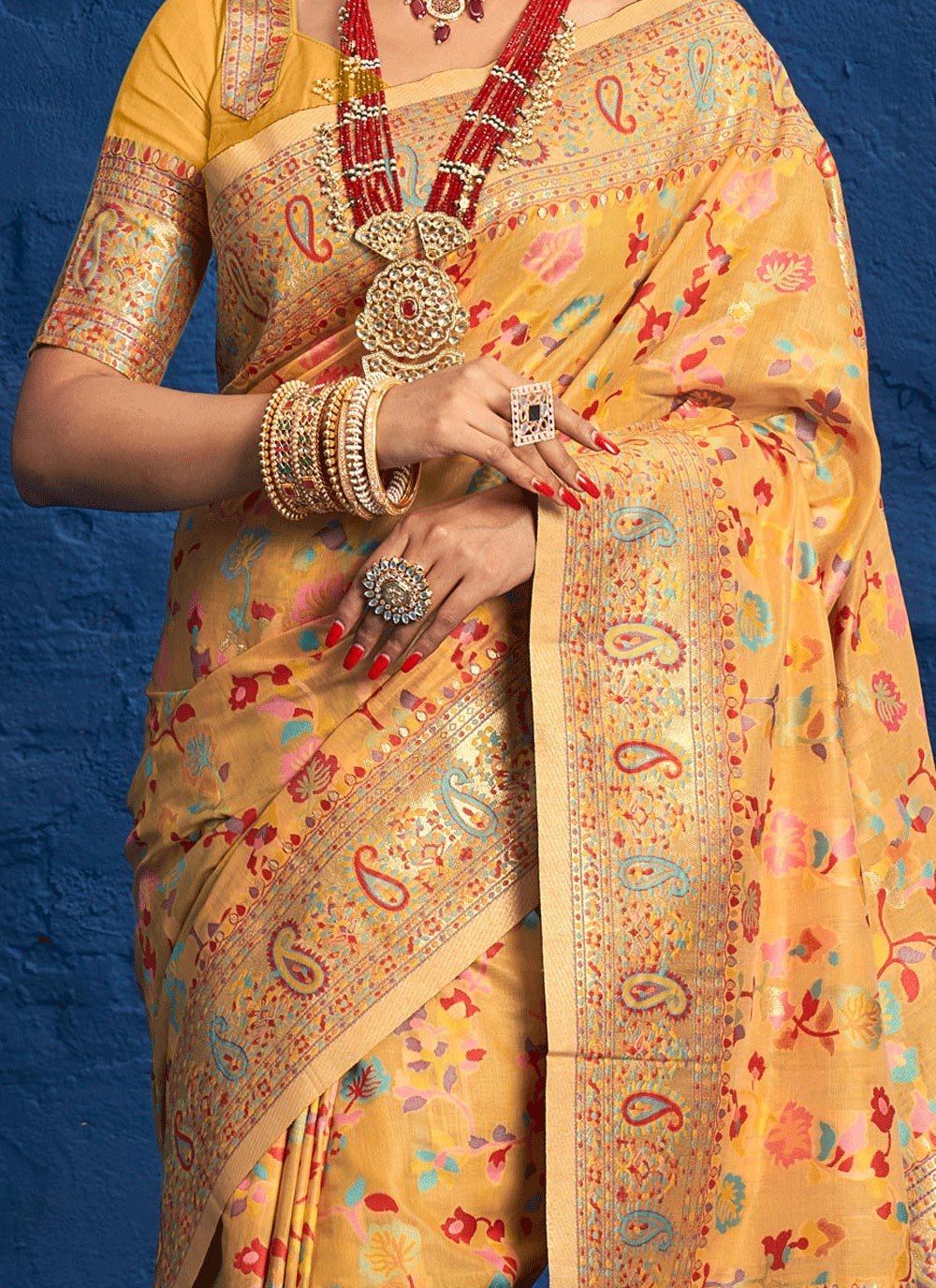 Traditional Saree Silk Yellow Kashmiri Saree