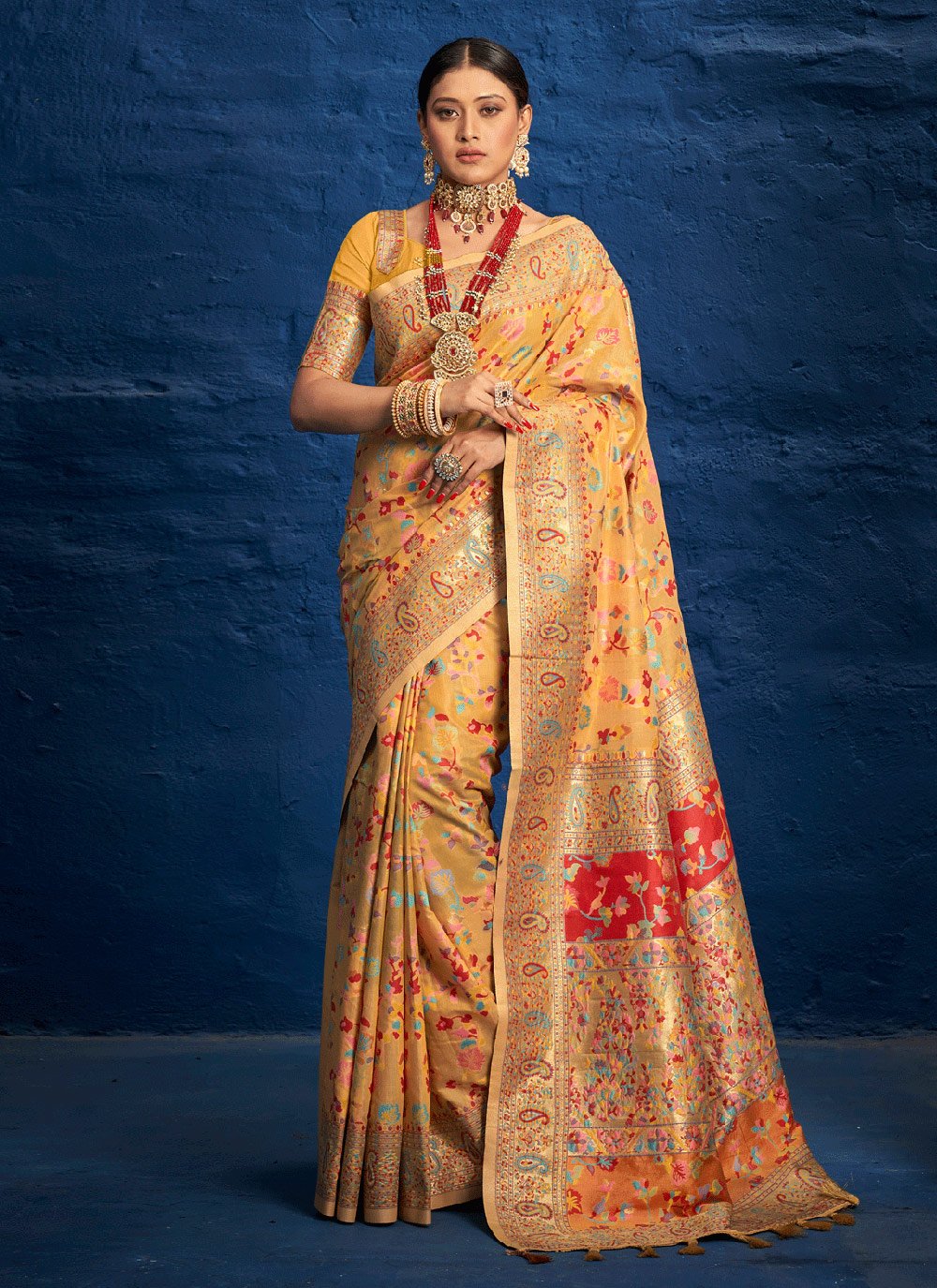 Traditional Saree Silk Yellow Kashmiri Saree