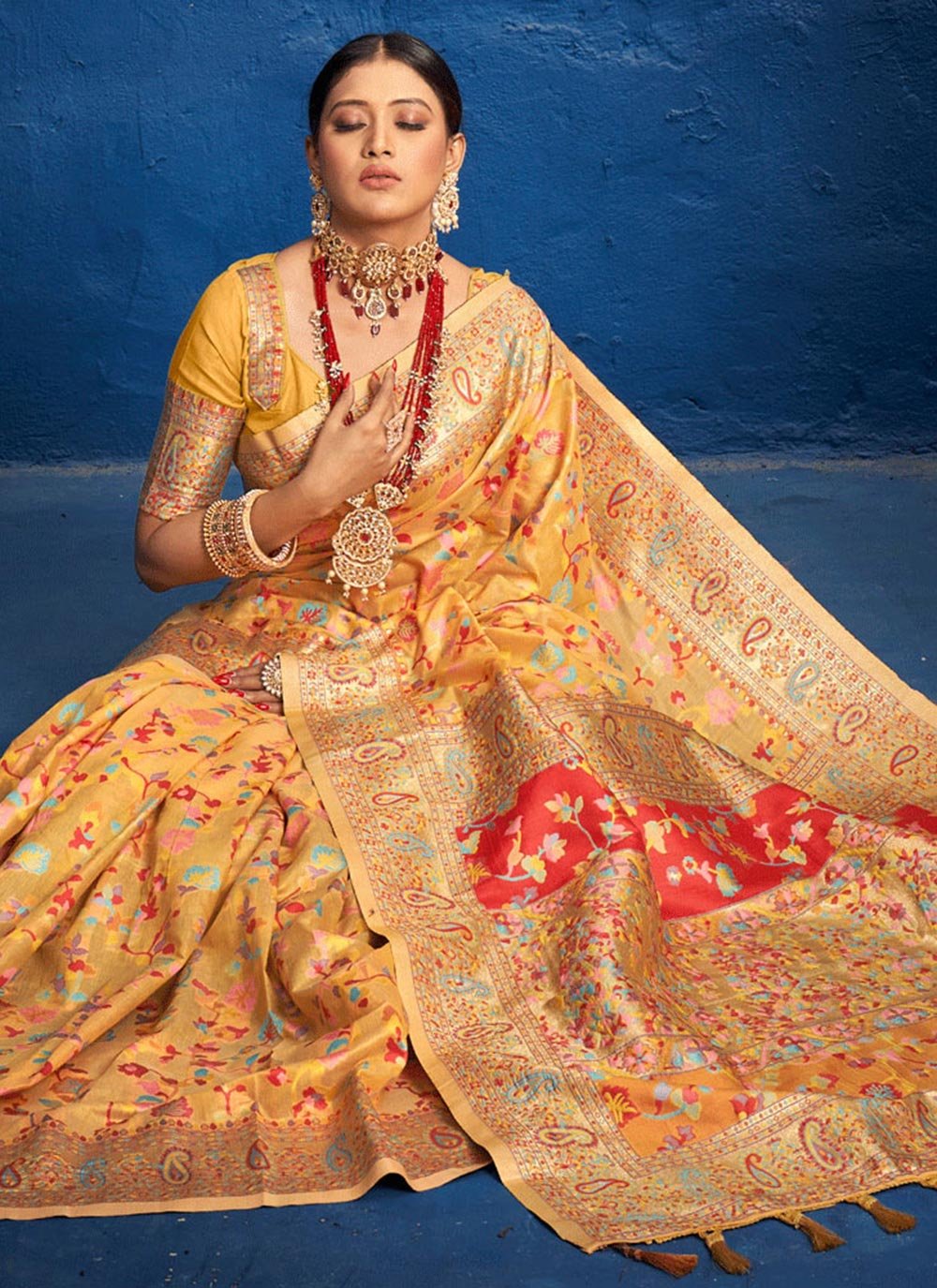 Traditional Saree Silk Yellow Kashmiri Saree