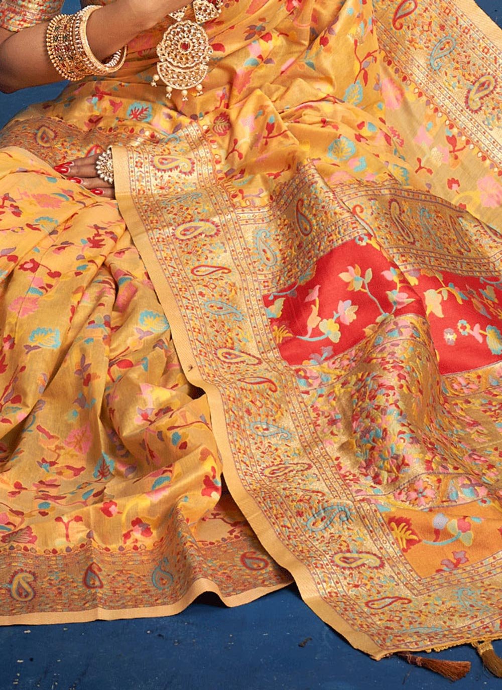 Traditional Saree Silk Yellow Kashmiri Saree