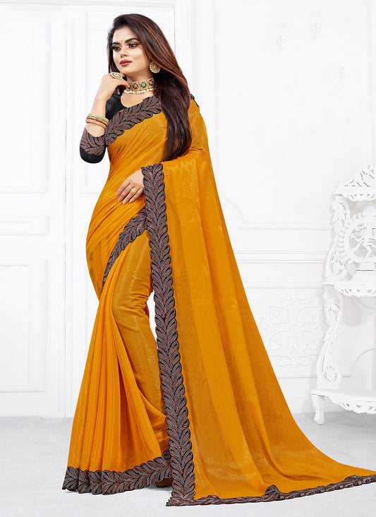 Classic Shimmer Georgette Yellow Lace Saree