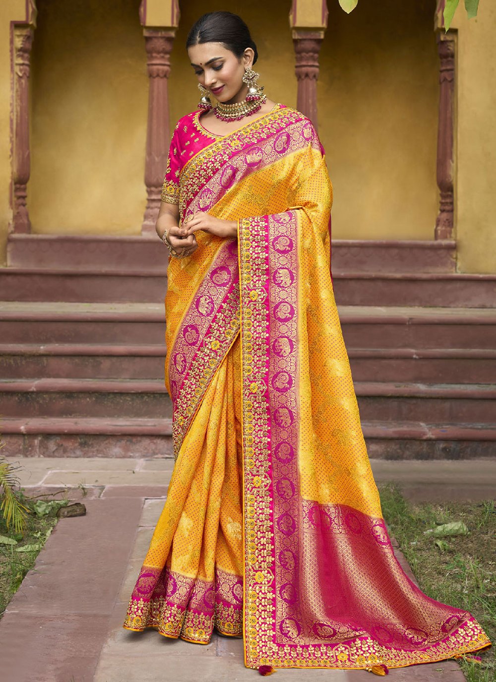 Designer Silk Yellow Embroidered Saree