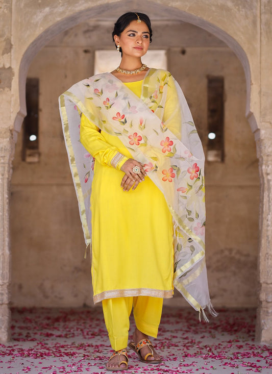 Pant Style Suit Rayon Yellow Lace Salwar Kameez