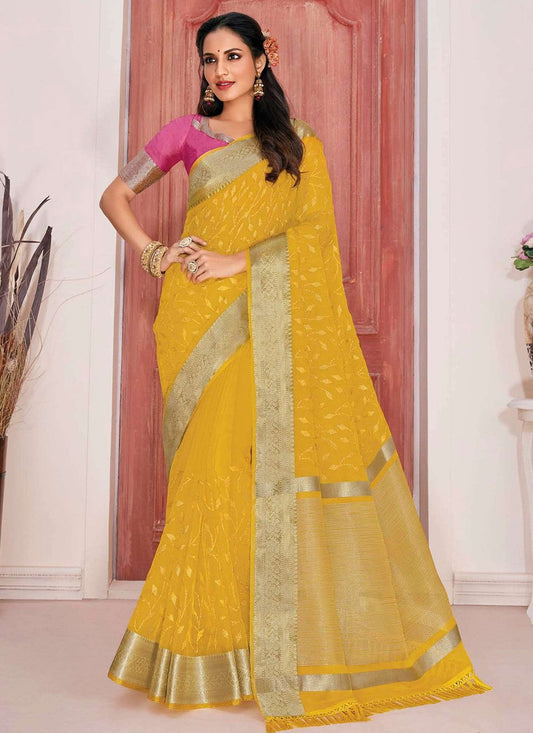 Trendy Saree Cotton Silk Yellow Lace Saree