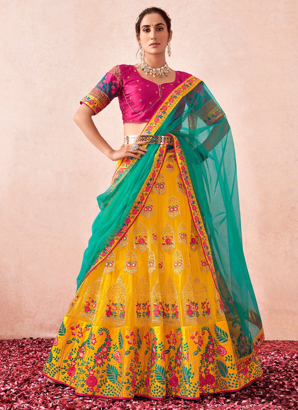 Lehenga Choli Net Yellow Embroidered Lehenga Choli