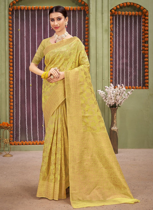 Traditional Saree Linen Yellow Foil Print Saree