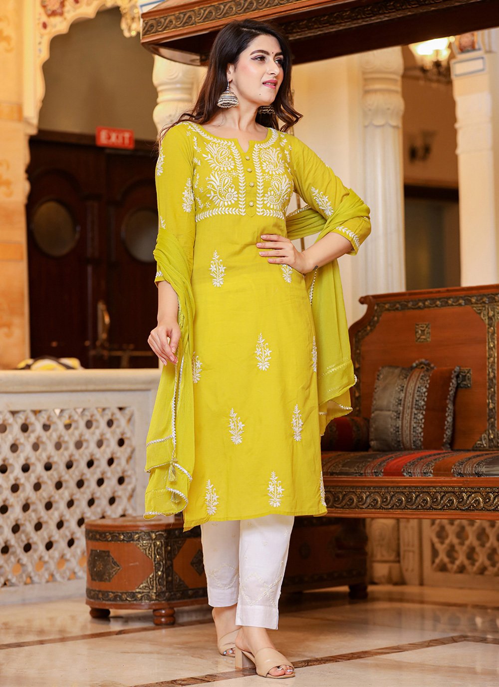 Pant Style Suit Cotton Yellow Lucknowi Work Salwar Kameez
