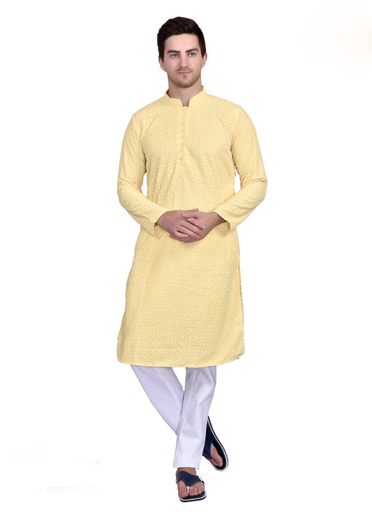 Kurta Pyjama Cotton Yellow Lucknowi Work Mens