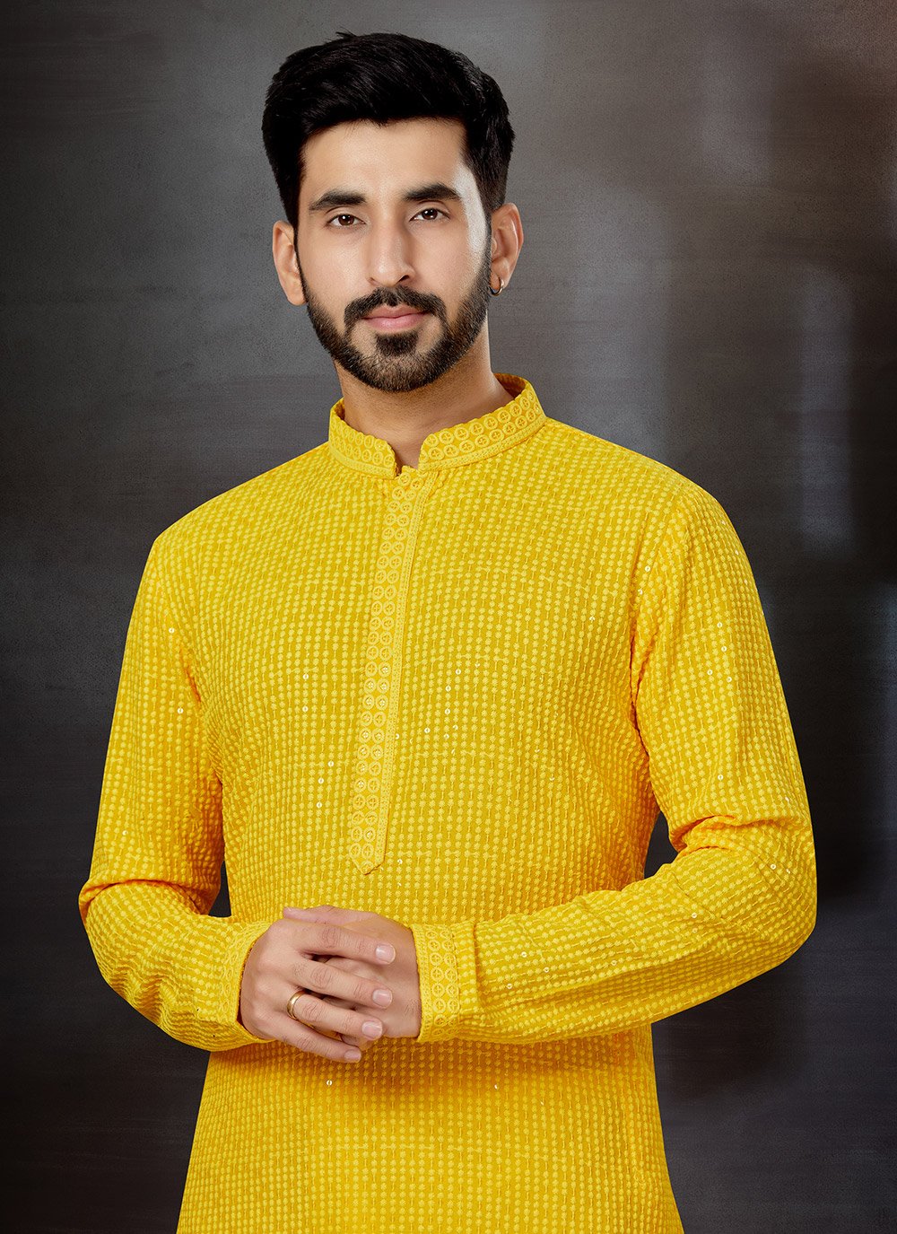 Kurta Pyjama Rayon Yellow Embroidered Mens