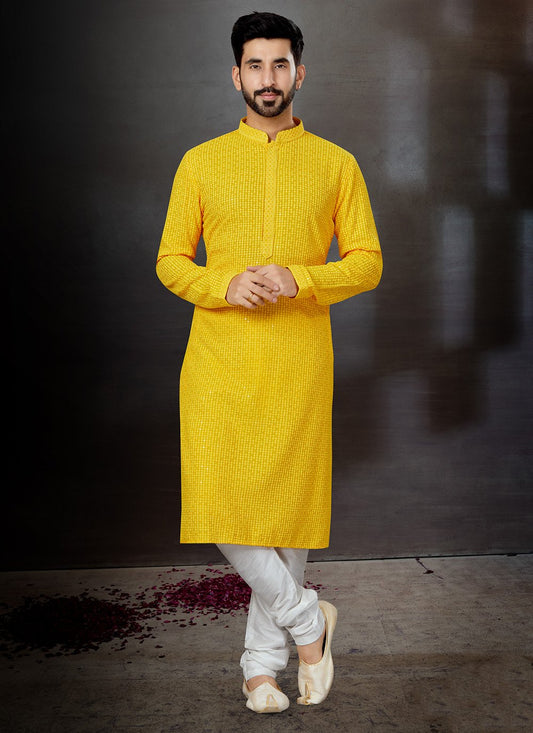 Kurta Pyjama Rayon Yellow Embroidered Mens