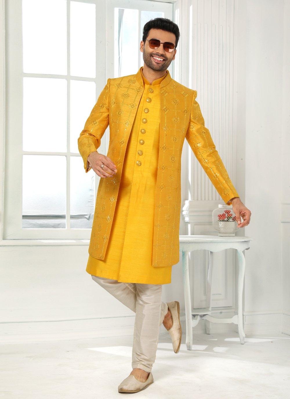 Indo Western Art Silk Yellow Machine Embroidery Mens