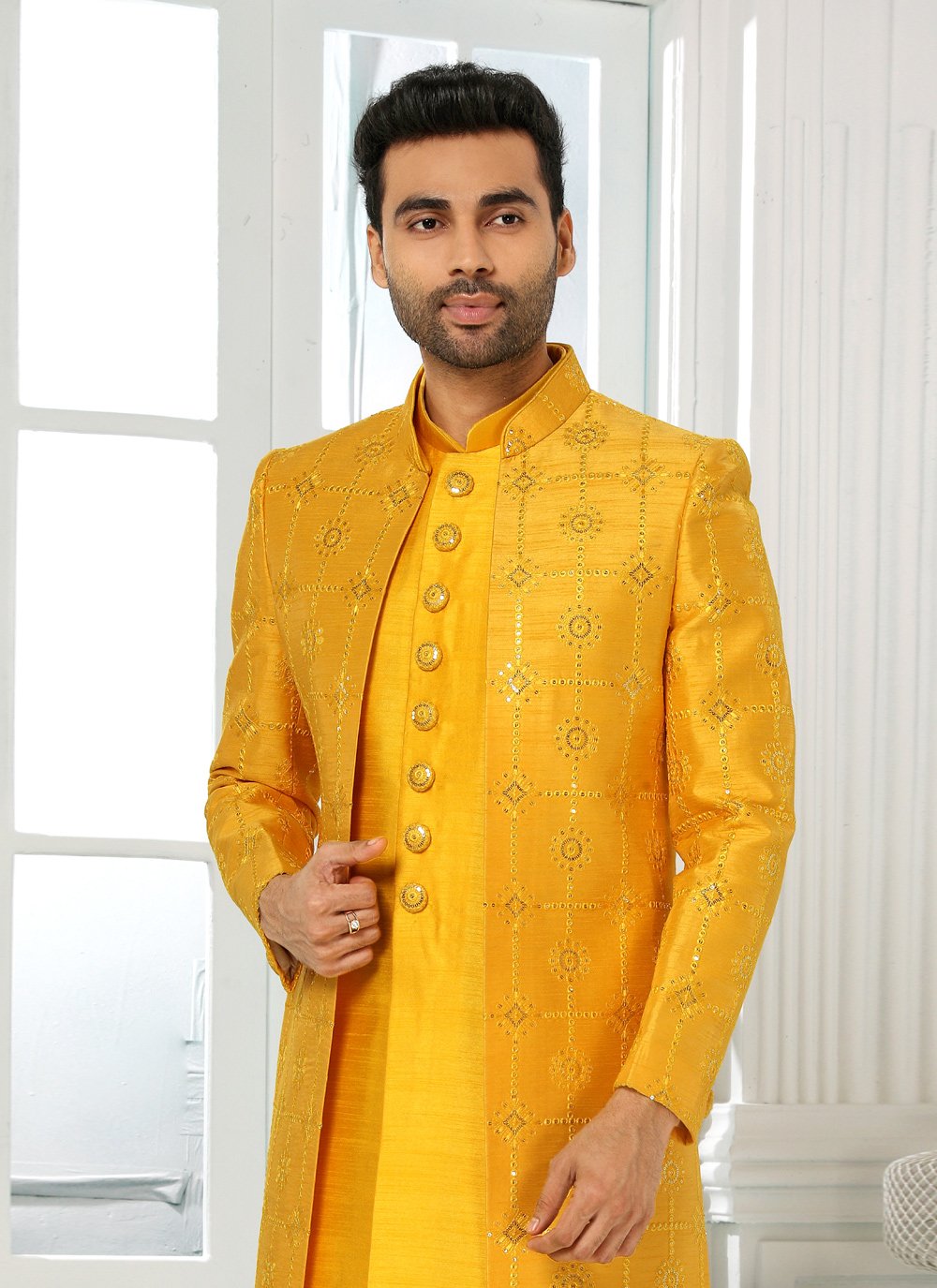 Indo Western Art Silk Yellow Machine Embroidery Mens