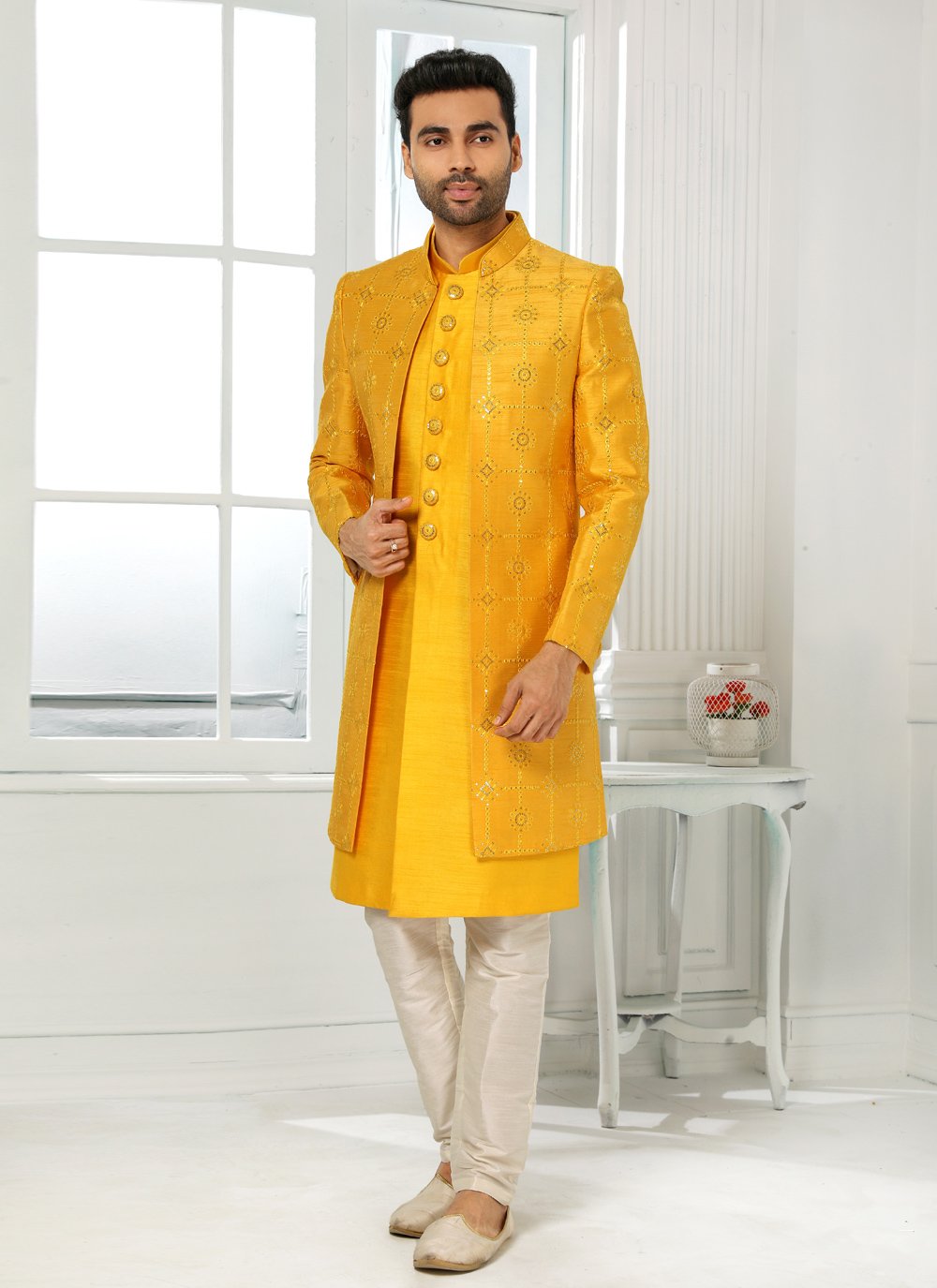 Indo Western Art Silk Yellow Machine Embroidery Mens