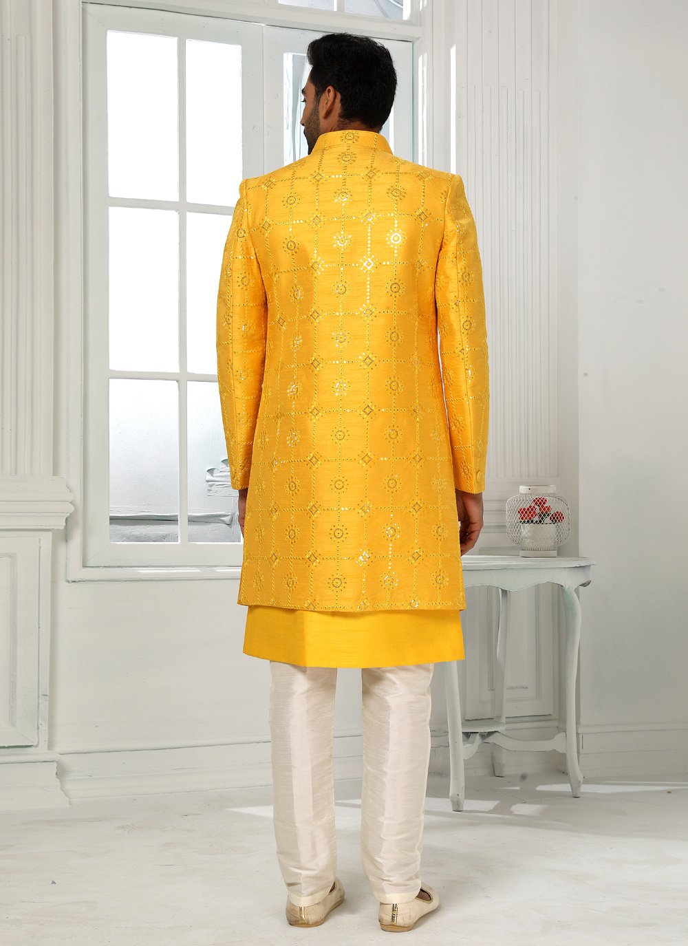 Indo Western Art Silk Yellow Machine Embroidery Mens