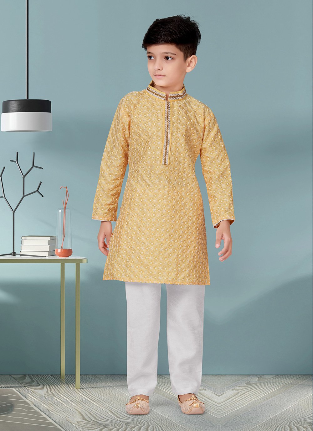 Kurta Pyjama Jacquard Lucknowi Yellow Lace Kids