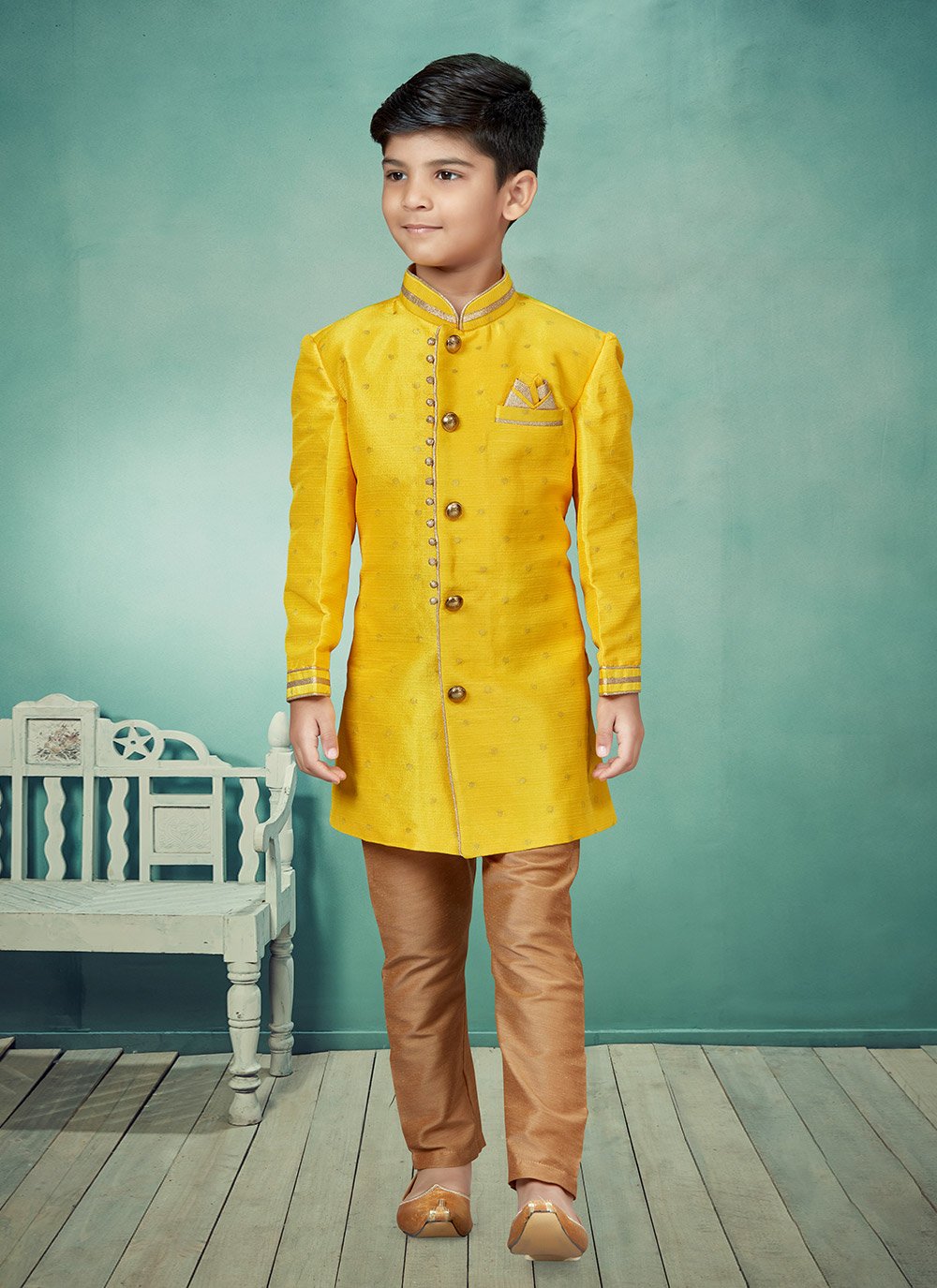 Indo Western Malbari Silk Yellow Lace Kids