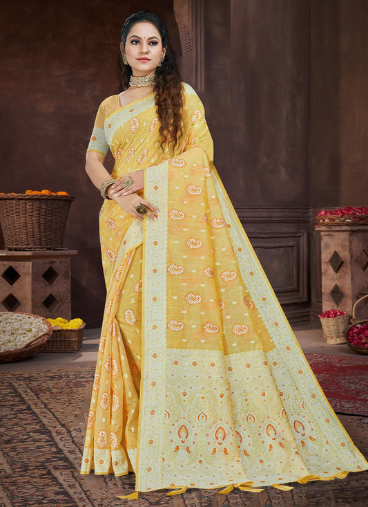 Contemporary Linen Yellow Meena Saree