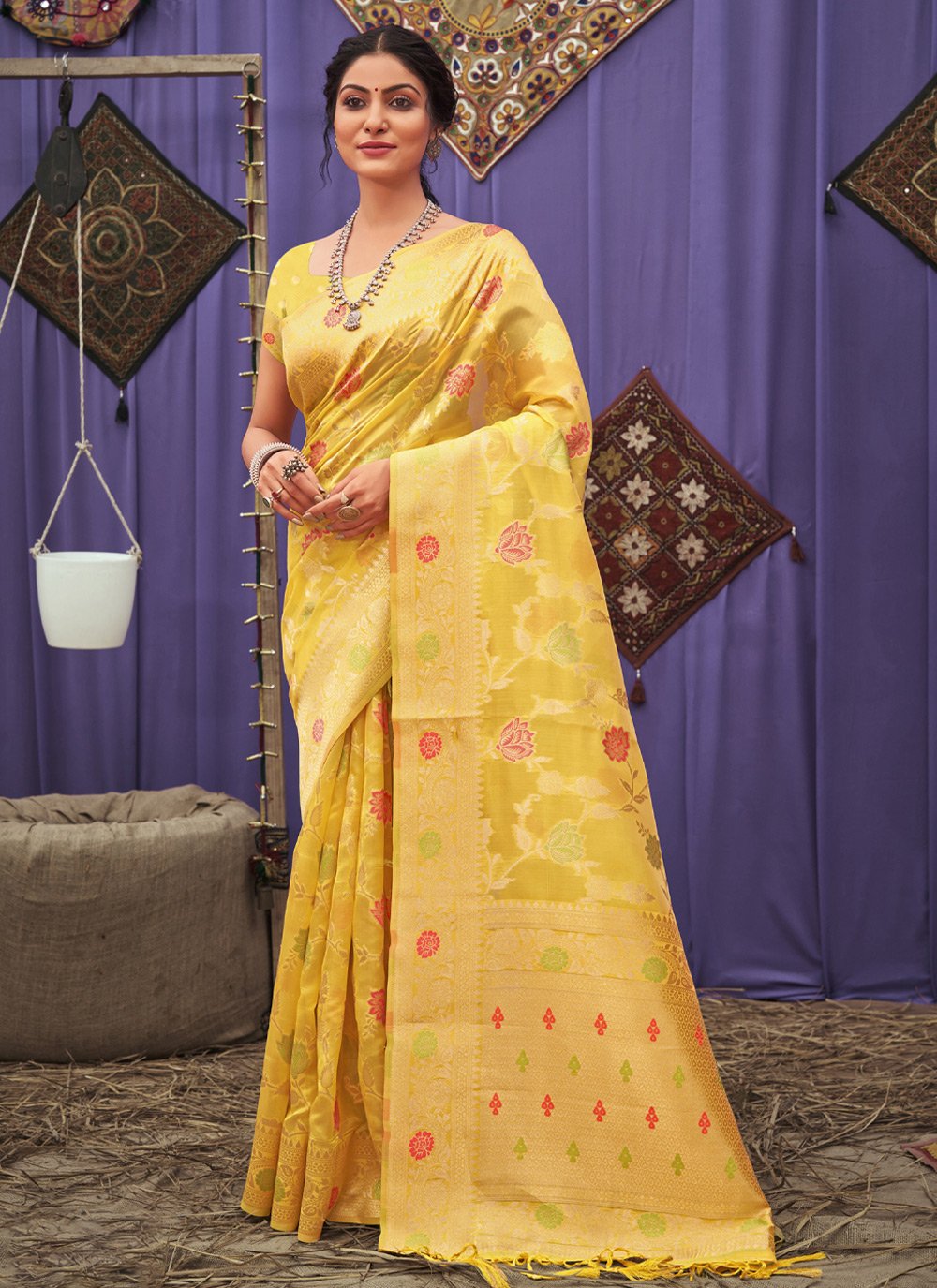 Classic Organza Yellow Embroidered Saree