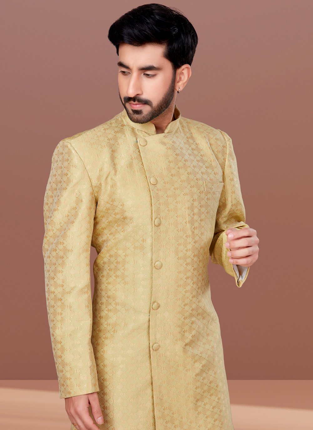 Indo Western Jacquard Yellow Fancy Work Mens