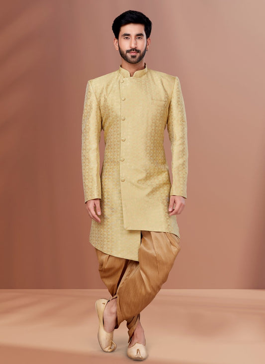 Indo Western Jacquard Yellow Fancy Work Mens